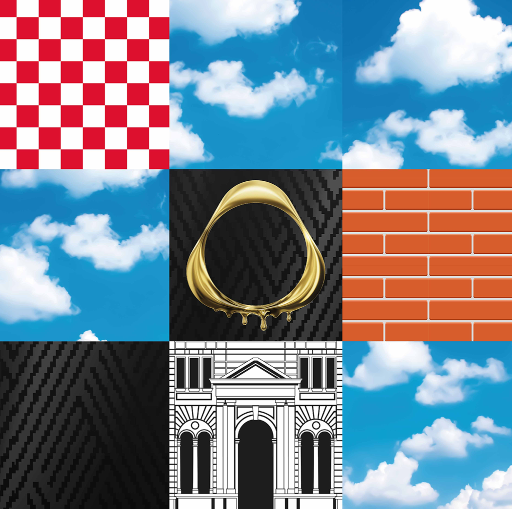 Mozaic format din imagini cu "cer cu nori", inel pentru "stiloul" IQOS, perete din cărămida și tablă de șah.